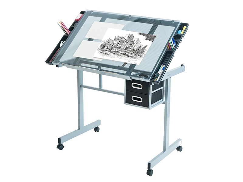 Harper&Bright Designs Adjustable Drafting Table Drawing Desk with Tempered Glass Top, Two Drawers and Castors