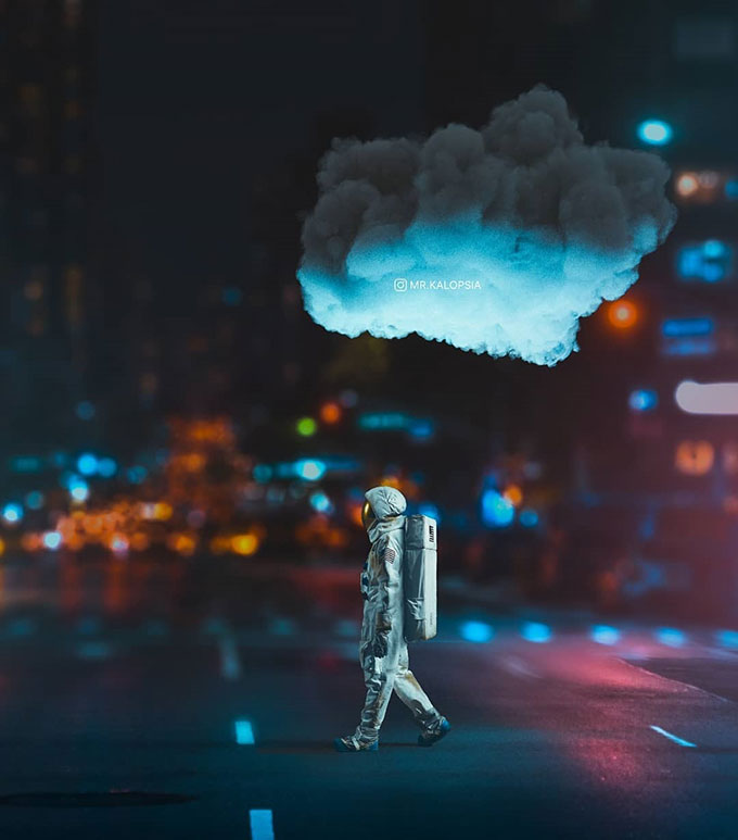 astronaut walking on streets with cloud above